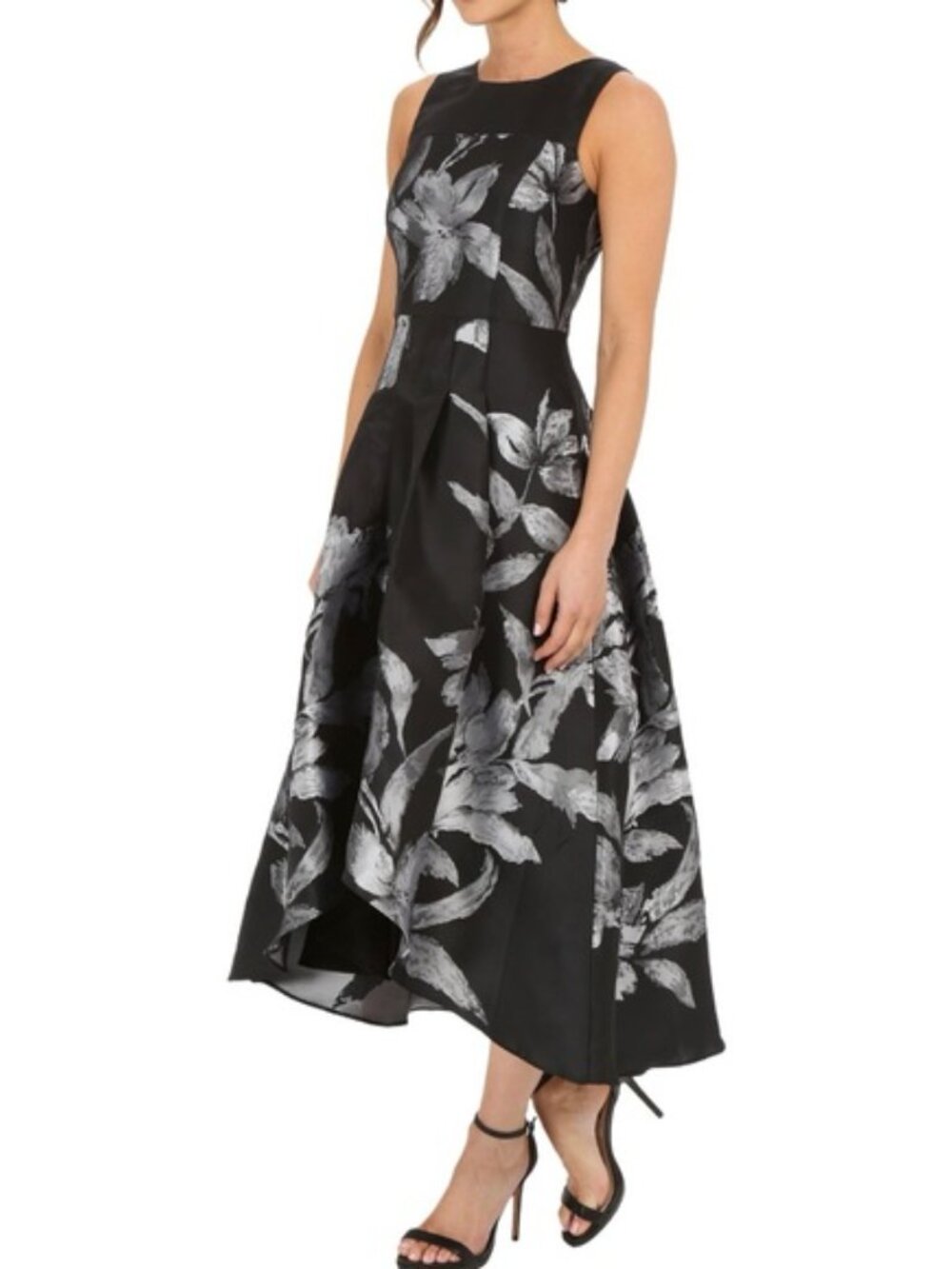 Shoshanna Midnight Black Silver Floral Jacquard High-Low Cocktail Dress 10